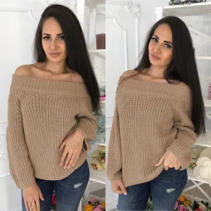 Off Shoulder Pure Color Long Puff Sleeves Sweater