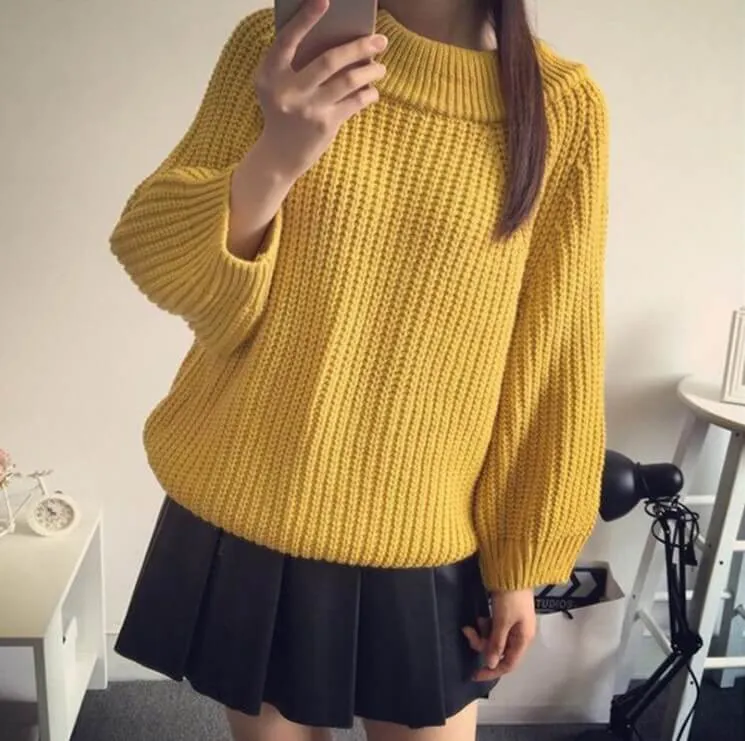 Off Shoulder Pure Color Long Puff Sleeves Sweater