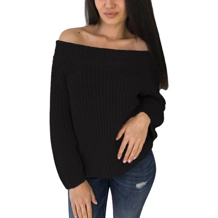 Off Shoulder Pure Color Long Puff Sleeves Sweater