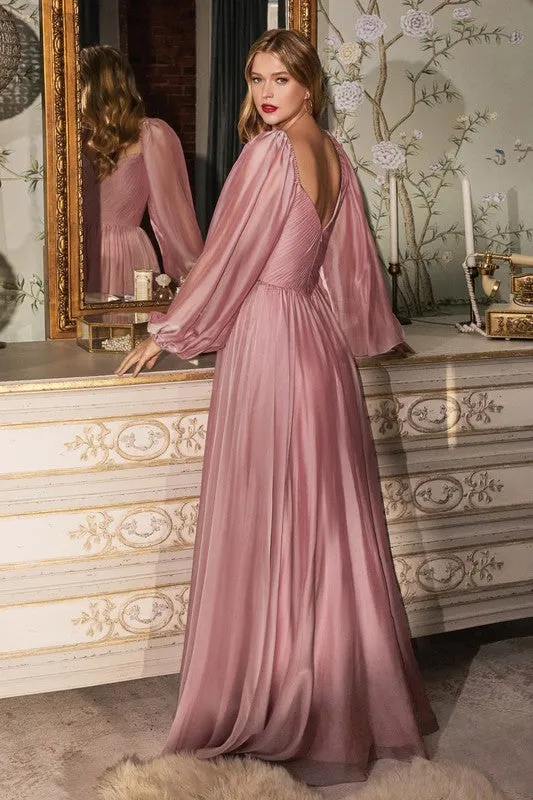 Petal Blush Flower Fairy Satin Long Sleeve Evening Dress
