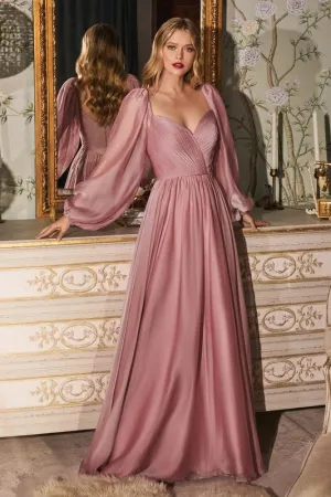 Petal Blush Flower Fairy Satin Long Sleeve Evening Dress