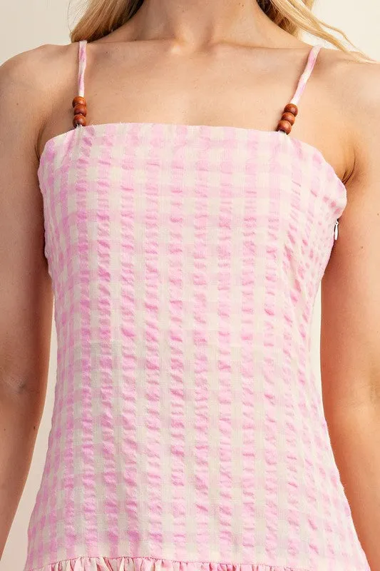 Pink Gingham Print Midi Dress