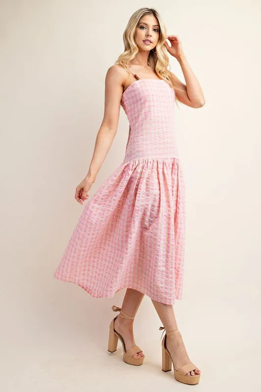 Pink Gingham Print Midi Dress