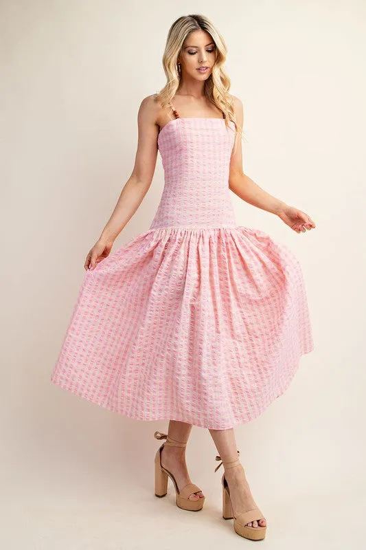 Pink Gingham Print Midi Dress