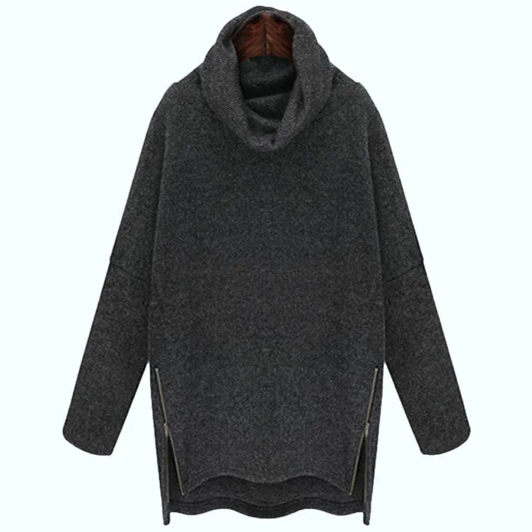 Plus Size High Neck Loose Knit Dip Hem Side Zipper Sweater