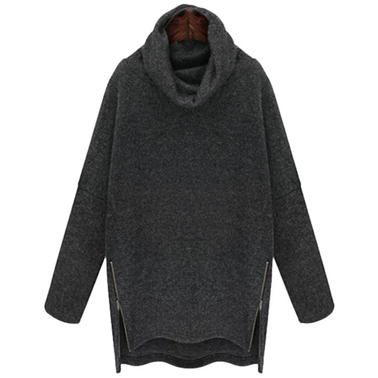 Plus Size High Neck Loose Knit Dip Hem Side Zipper Sweater