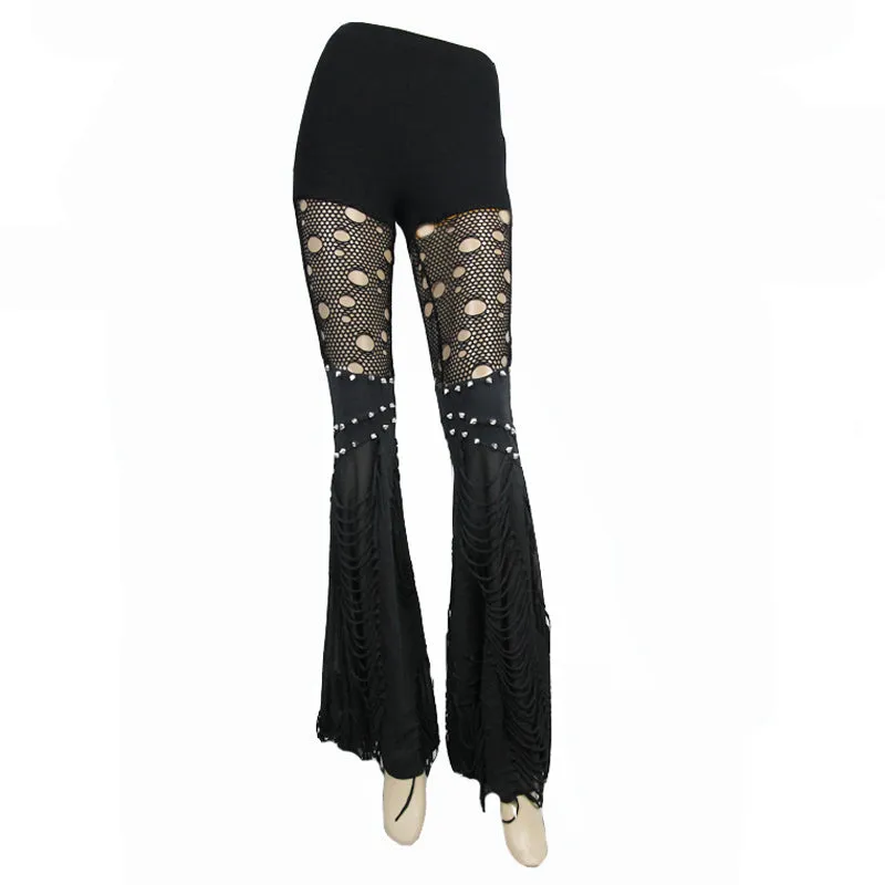 PT053 Designer sexy women punk broken holes slim fit flared pants