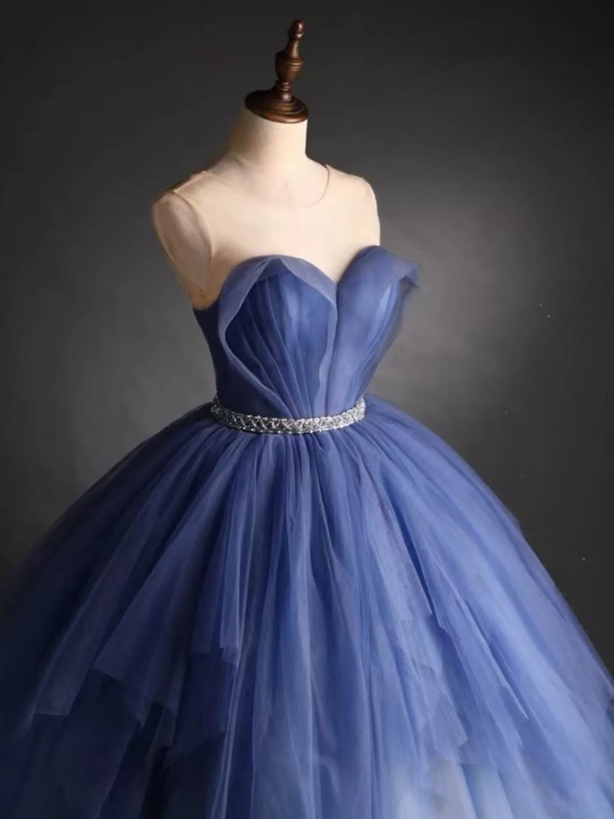 Round Neck Blue Puffy Prom Ball Gown, Blue Puffy Long Formal Evening Dresses