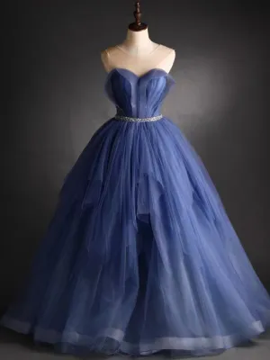 Round Neck Blue Puffy Prom Ball Gown, Blue Puffy Long Formal Evening Dresses