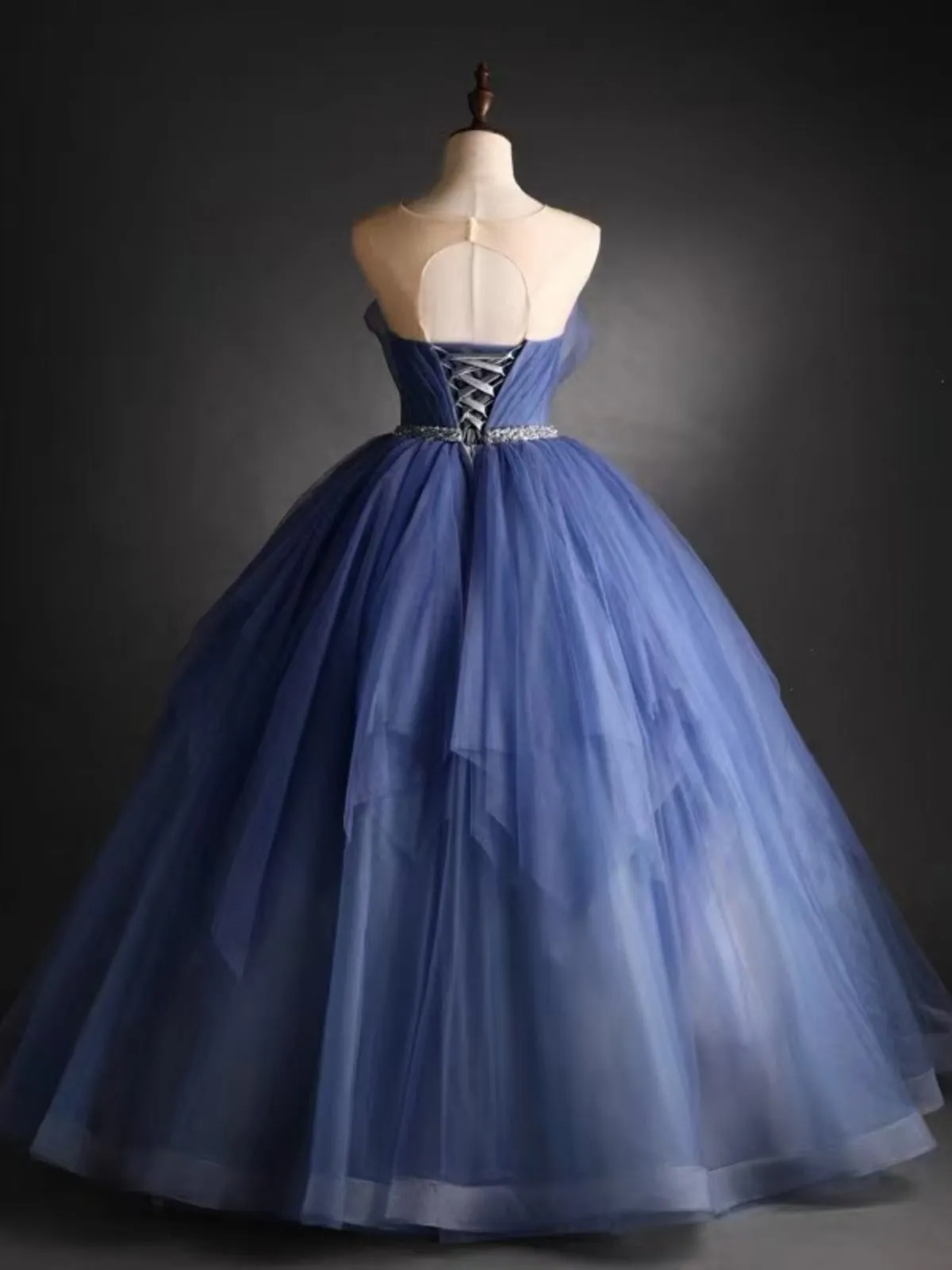 Round Neck Blue Puffy Prom Ball Gown, Blue Puffy Long Formal Evening Dresses
