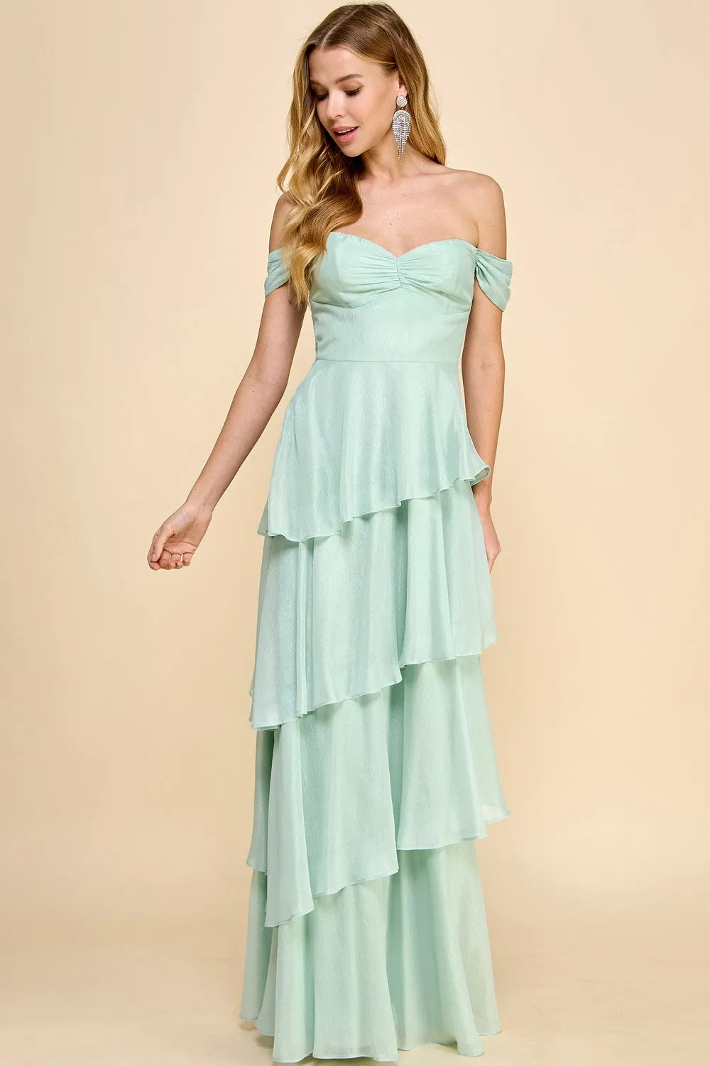 Sage Off Shoulder Ruffle Layered Maxi Dress