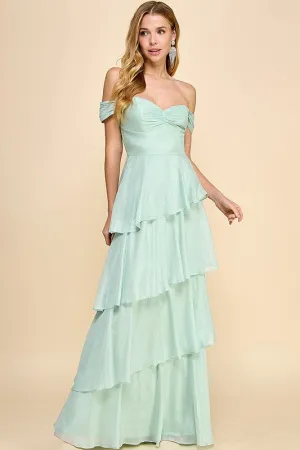 Sage Off Shoulder Ruffle Layered Maxi Dress