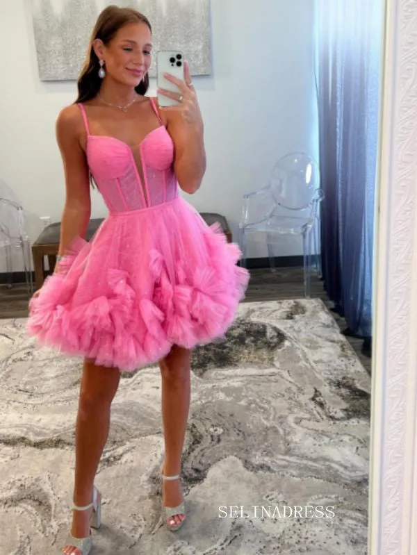 Sexy Short Cute Pink Tulle Junior V-Neck Mini Homecoming Dress #EWR576