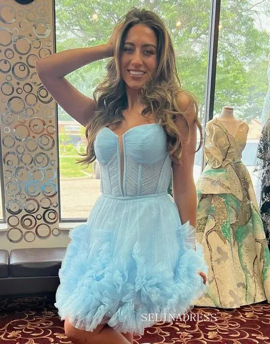 Sexy Short Cute Pink Tulle Junior V-Neck Mini Homecoming Dress #EWR576