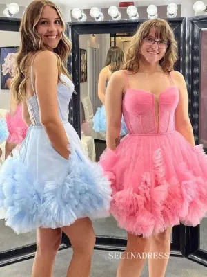 Sexy Short Cute Pink Tulle Junior V-Neck Mini Homecoming Dress #EWR576