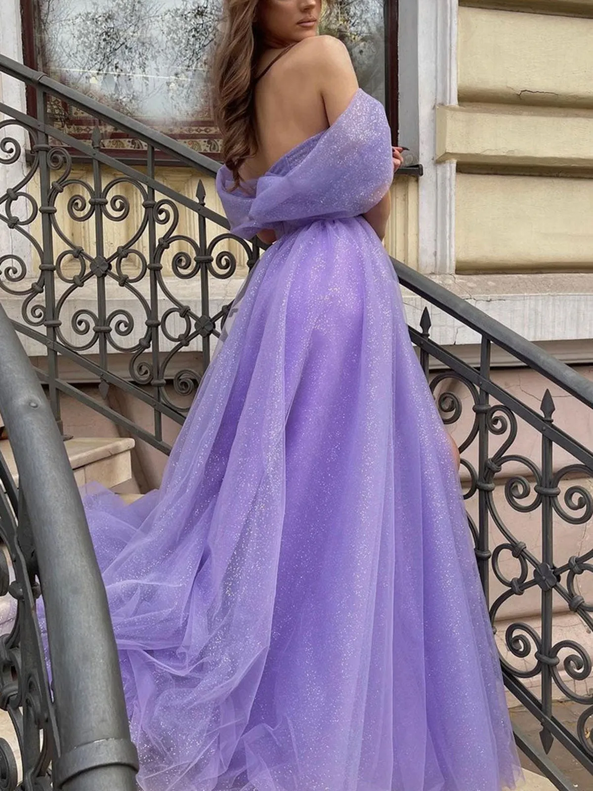 Shiny Off the Shoulder Purple Prom Dresses, Off Shoulder Purple Long Formal Graduation Dresses