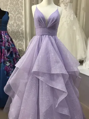 Shiny V Neck Purple Prom Dresses, Shiny V Neck Purple Formal Graduation Evening Dresses
