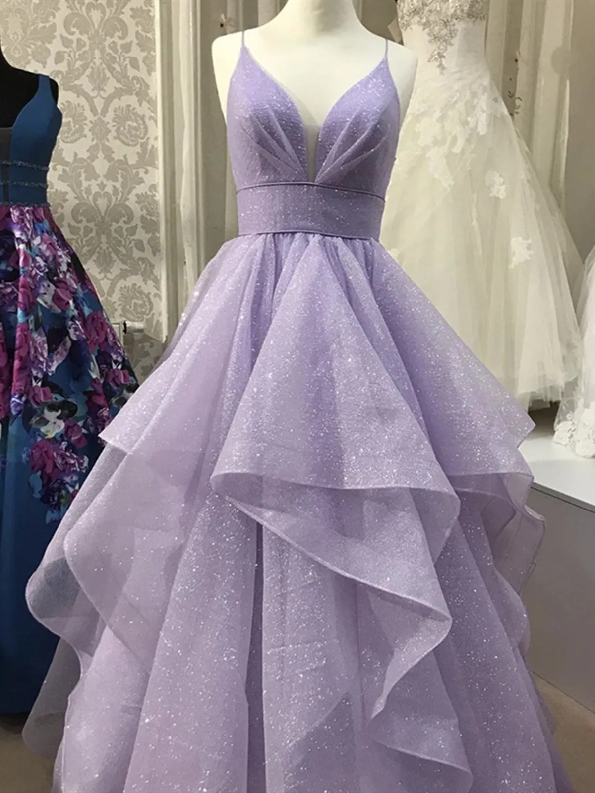 Shiny V Neck Purple Prom Dresses, Shiny V Neck Purple Formal Graduation Evening Dresses