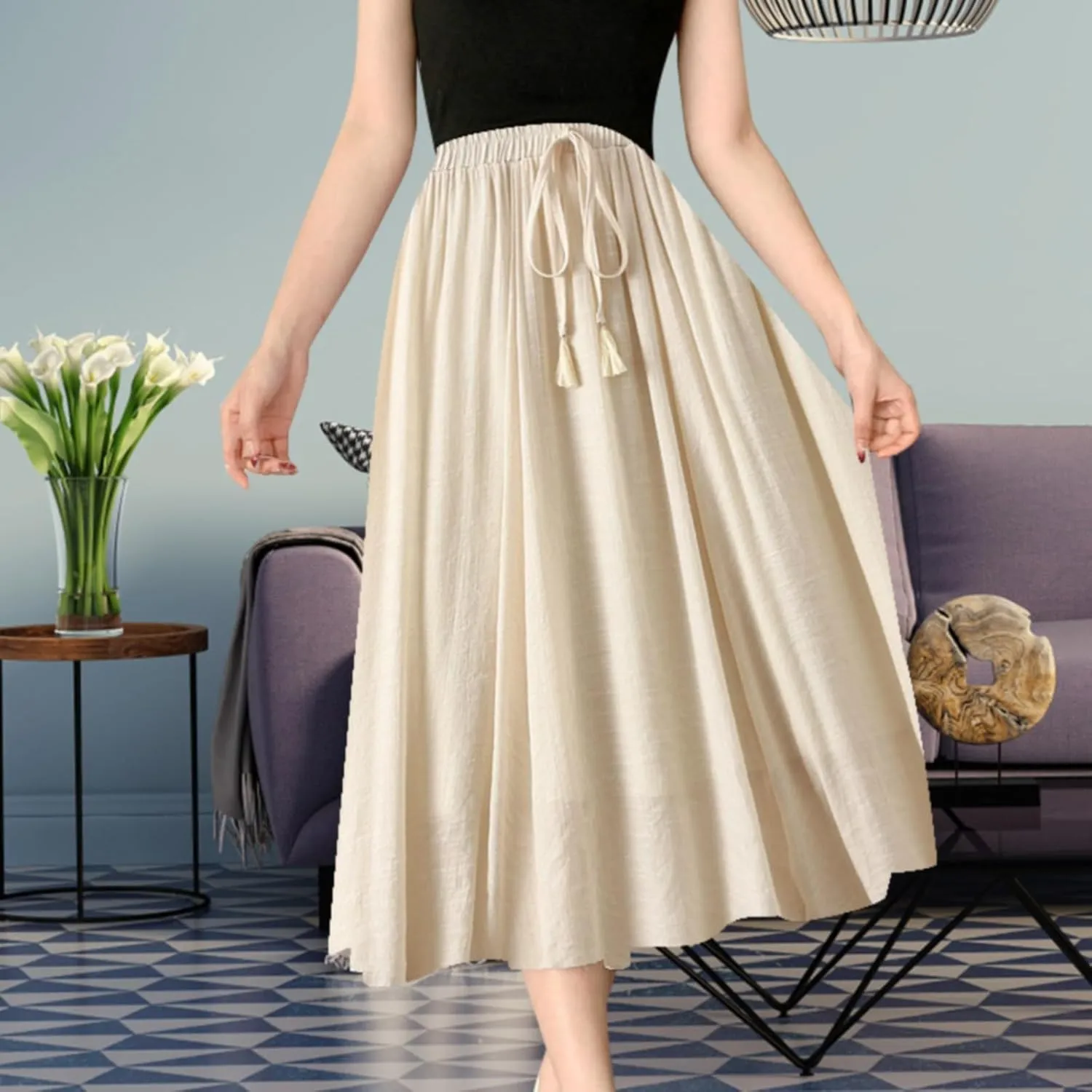 Skirt Womens Womens Boho Elastic High Waist Pleated A-Line Flowy Swing Tiered Maxi Long Skirt Dress with Pockets