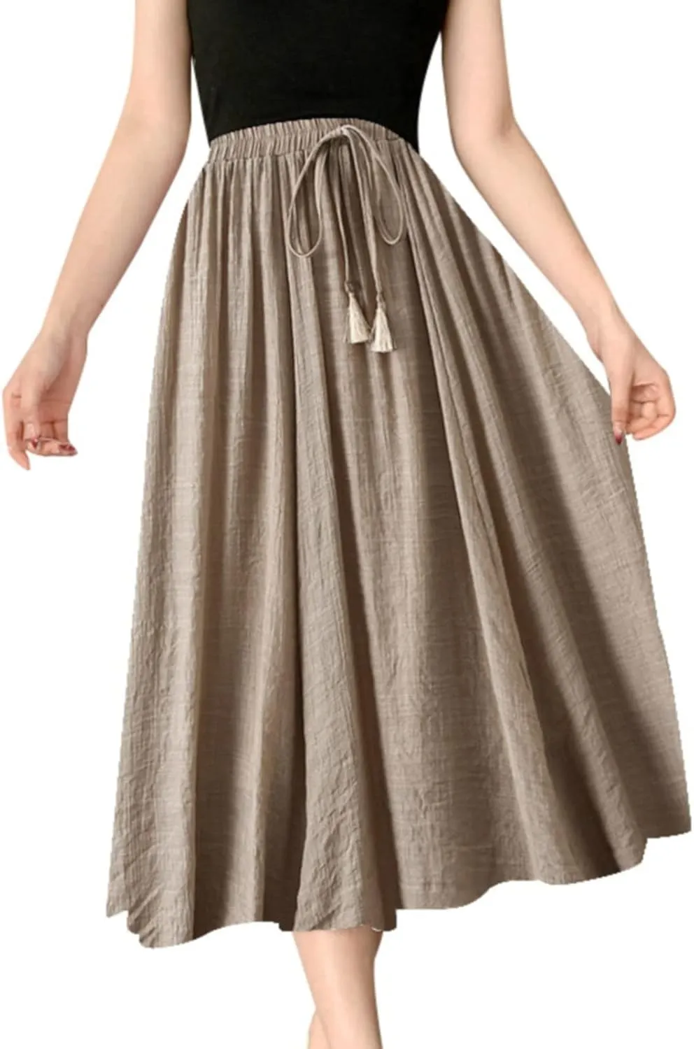Skirt Womens Womens Boho Elastic High Waist Pleated A-Line Flowy Swing Tiered Maxi Long Skirt Dress with Pockets