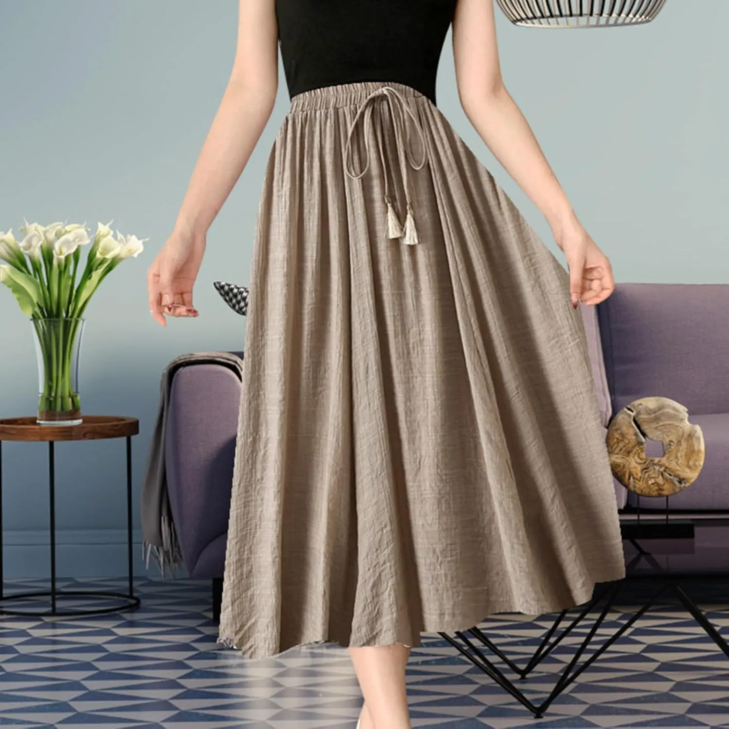 Skirt Womens Womens Boho Elastic High Waist Pleated A-Line Flowy Swing Tiered Maxi Long Skirt Dress with Pockets
