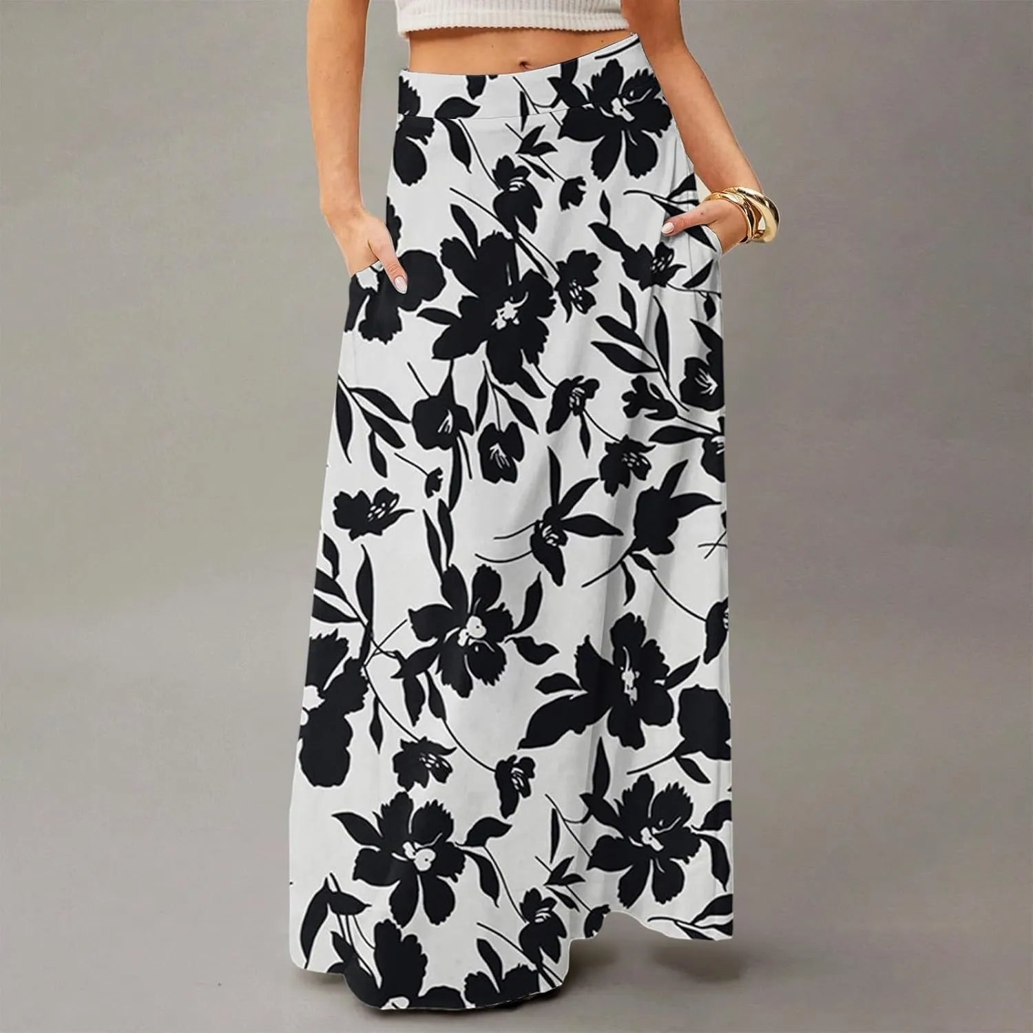 Skirts for Women Midi Length Summer High Waisted Pleated A-Line Swing Floral Long with Pockets