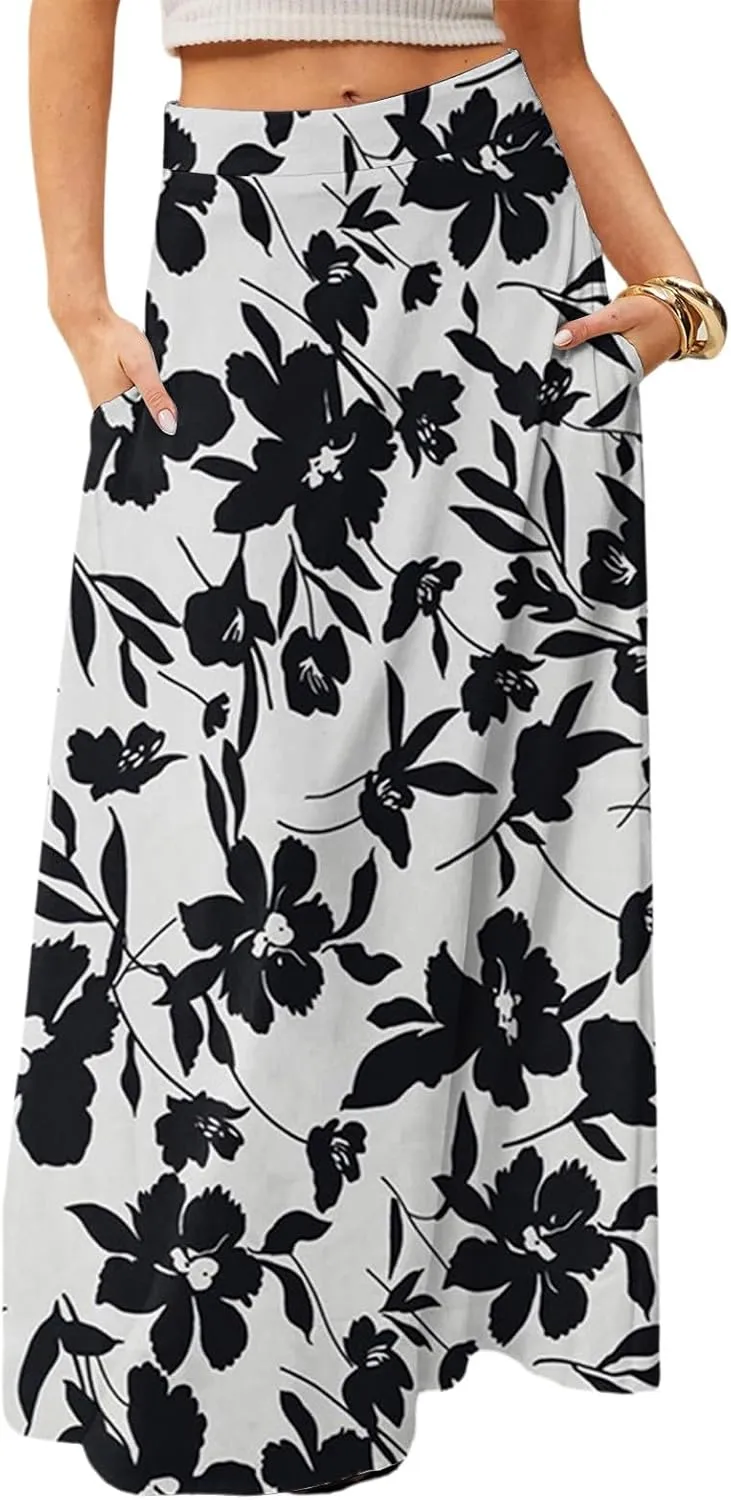 Skirts for Women Midi Length Summer High Waisted Pleated A-Line Swing Floral Long with Pockets