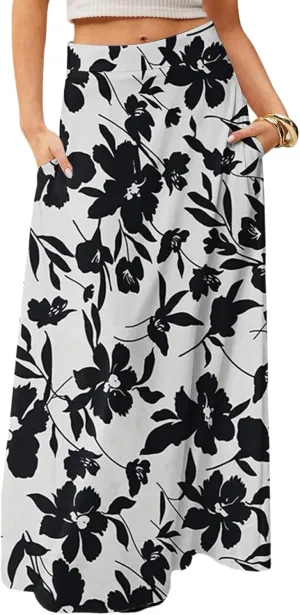 Skirts for Women Midi Length Summer High Waisted Pleated A-Line Swing Floral Long with Pockets