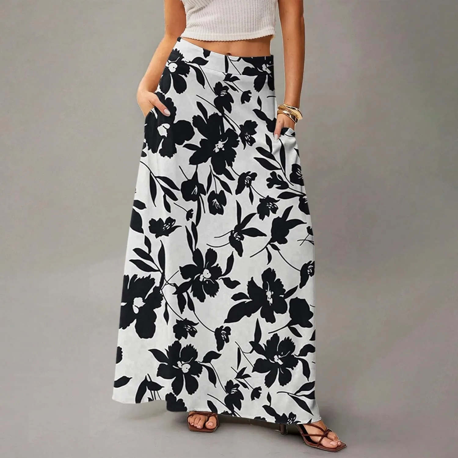 Skirts for Women Midi Length Summer High Waisted Pleated A-Line Swing Floral Long with Pockets