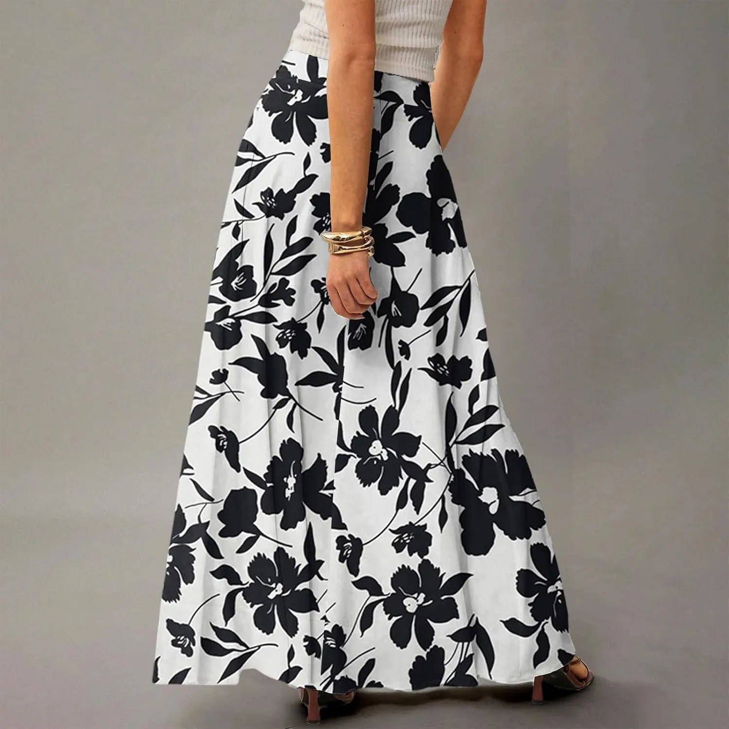 Skirts for Women Midi Length Summer High Waisted Pleated A-Line Swing Floral Long with Pockets