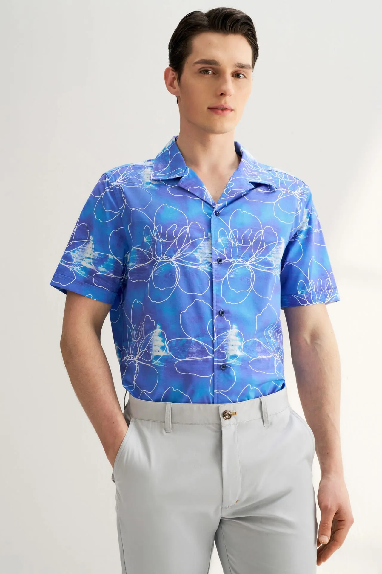 Soft Touch Stretch Floral Sketch All Over Print Casual Shirt in Relaxed Fit