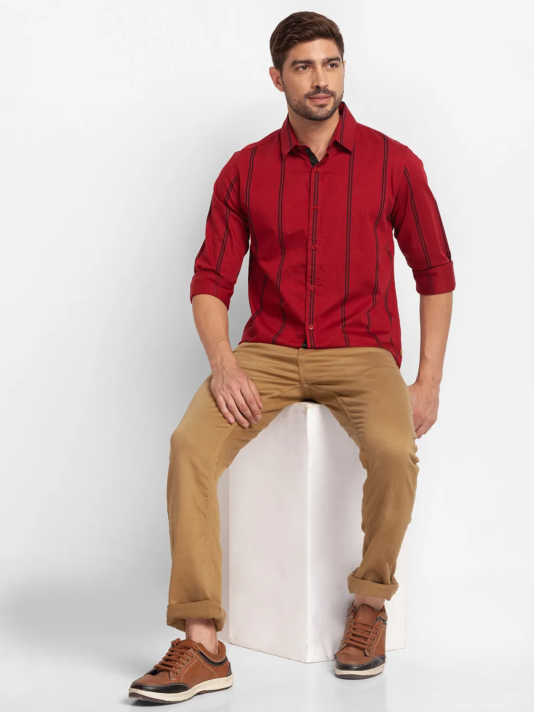 Spykar Deep Red Cotton Full Sleeve Stripes Shirt For Men