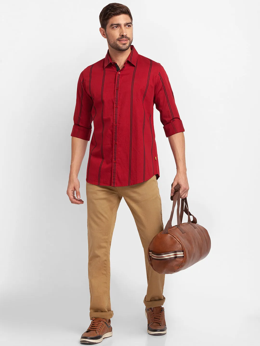 Spykar Deep Red Cotton Full Sleeve Stripes Shirt For Men