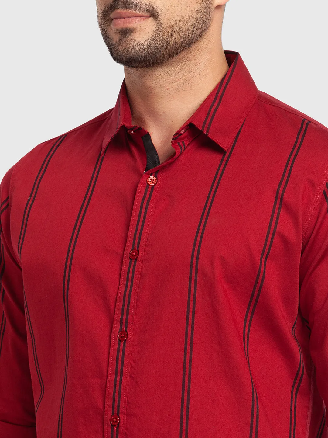 Spykar Deep Red Cotton Full Sleeve Stripes Shirt For Men