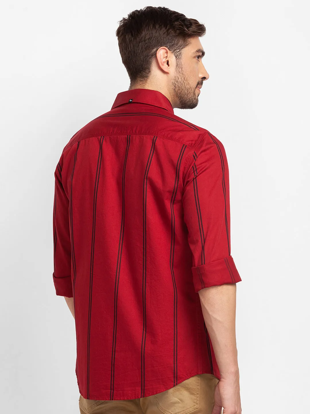 Spykar Deep Red Cotton Full Sleeve Stripes Shirt For Men