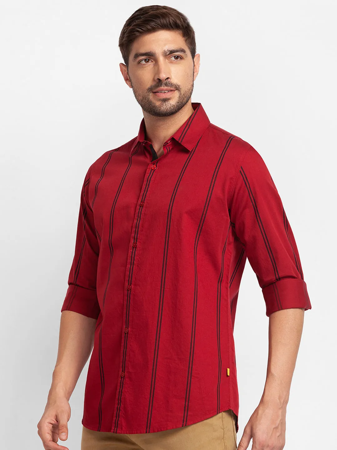 Spykar Deep Red Cotton Full Sleeve Stripes Shirt For Men