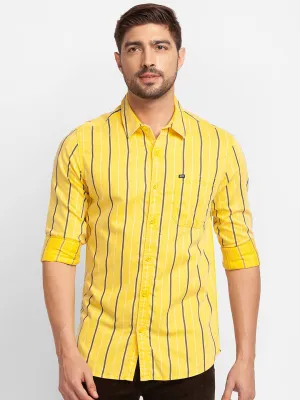 Spykar Yellow Cotton Full Sleeve Stripes Shirt For Men