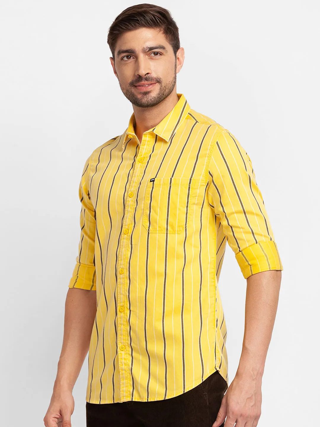 Spykar Yellow Cotton Full Sleeve Stripes Shirt For Men