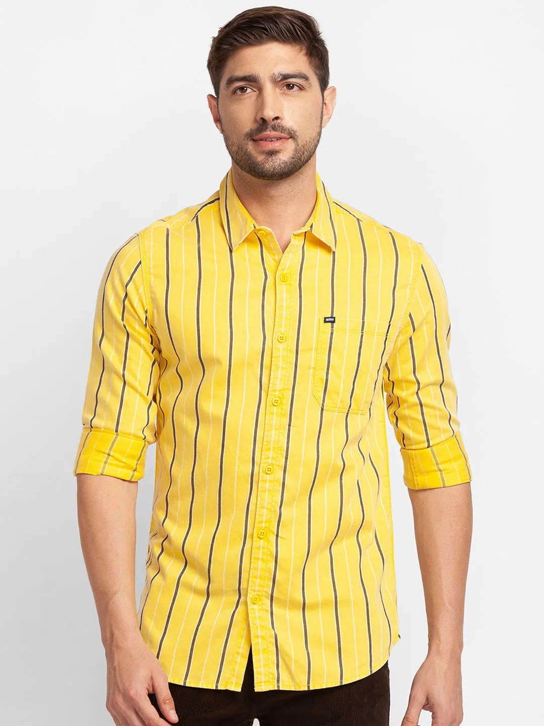 Spykar Yellow Cotton Full Sleeve Stripes Shirt For Men
