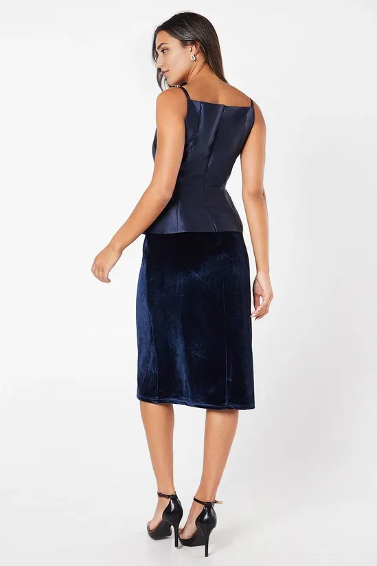 Square Neck Twill Bodice Velvet Skirt Pencil Dress Wedding Guest Dresses