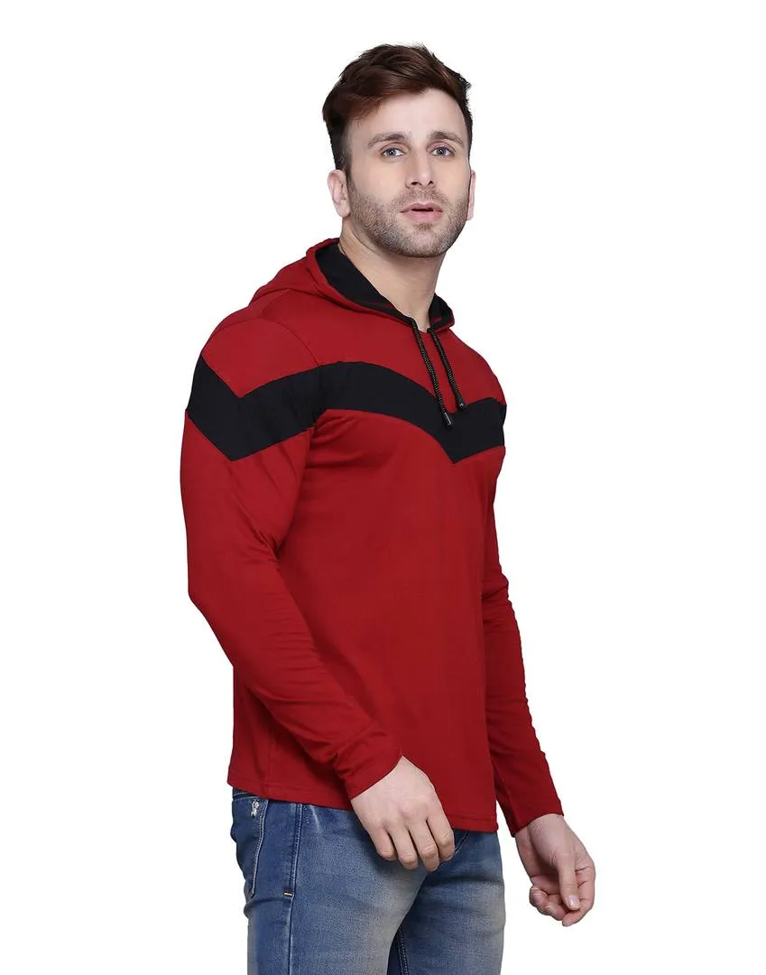 Stylish Cotton Blend Maroon Colourblocked Hooded T-shirt