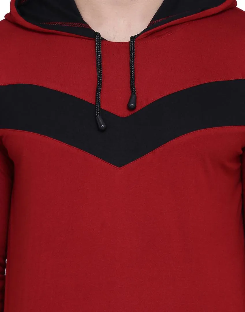 Stylish Cotton Blend Maroon Colourblocked Hooded T-shirt