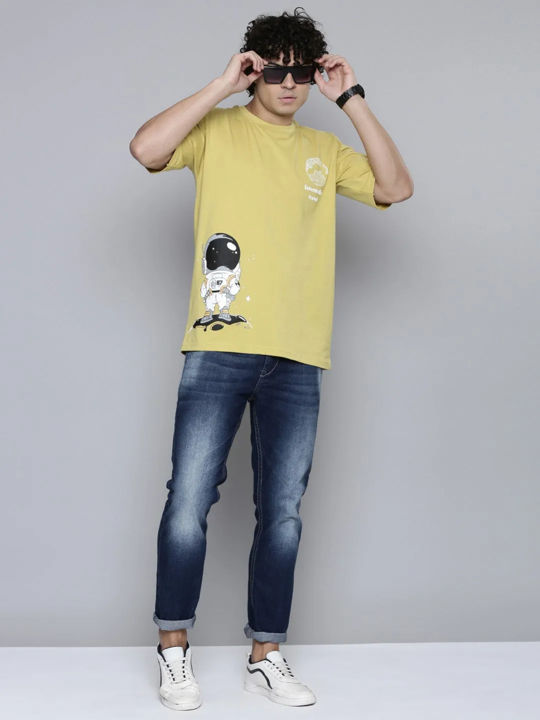 Stylish Yellow Cotton Blend Printed Tees For Men
