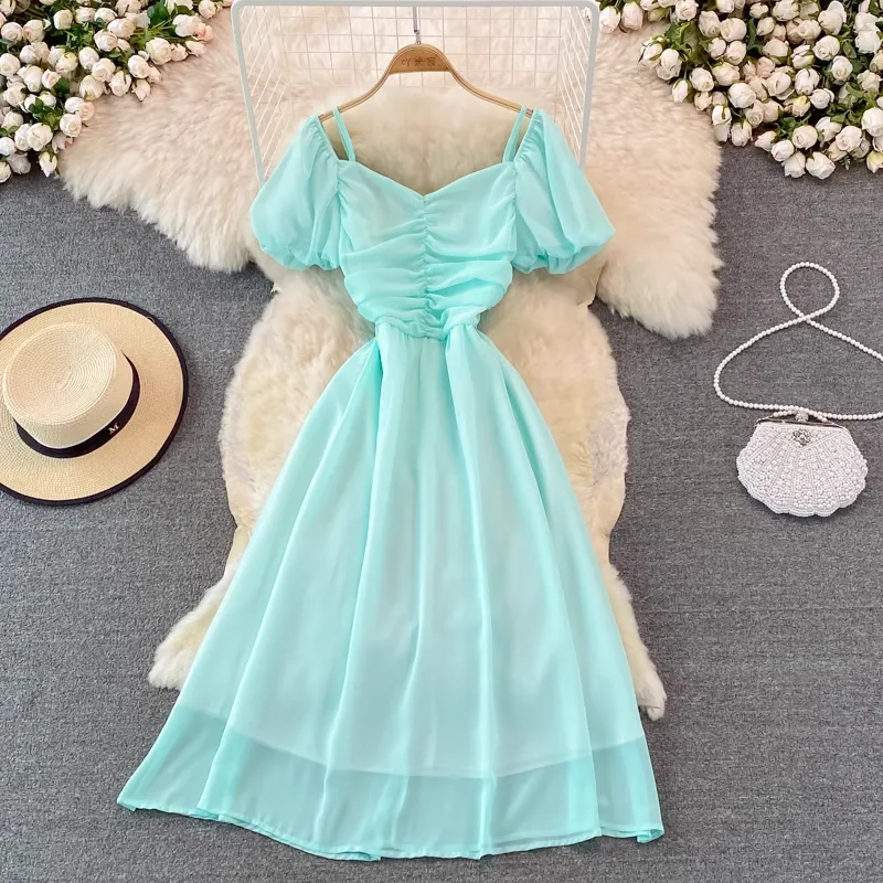 Summer V Neck Short Sleeved Dress Women  Mid Length A Line Retro Skirt 1409