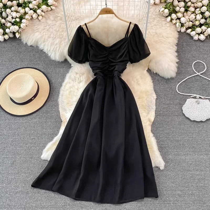 Summer V Neck Short Sleeved Dress Women  Mid Length A Line Retro Skirt 1409