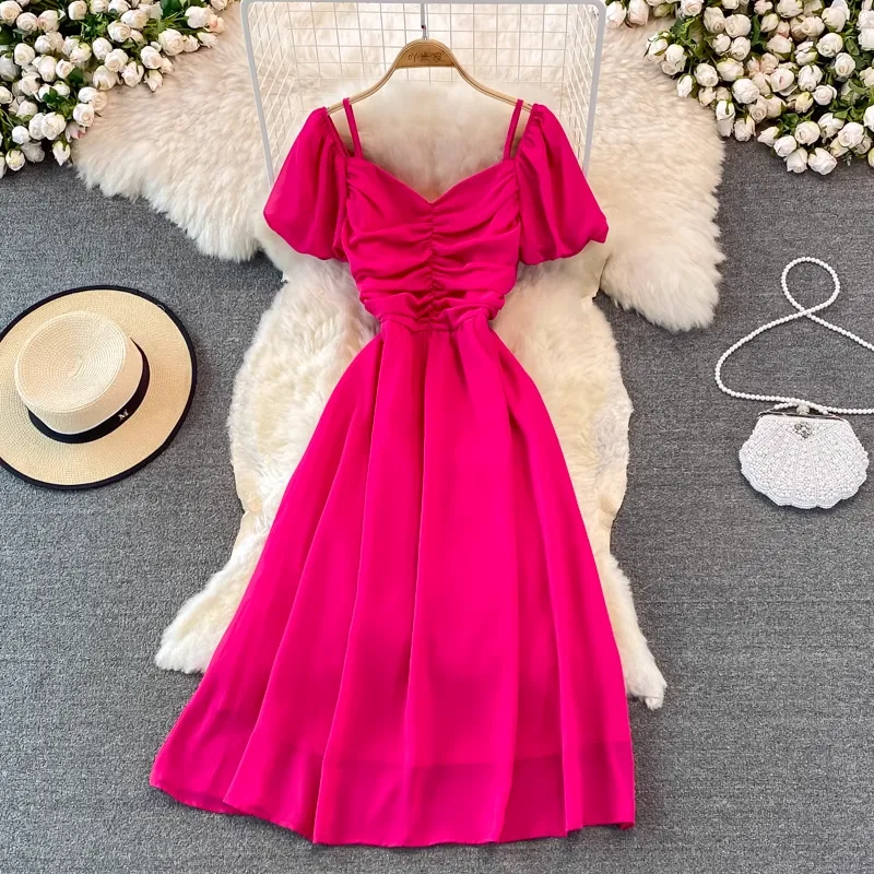 Summer V Neck Short Sleeved Dress Women  Mid Length A Line Retro Skirt 1409
