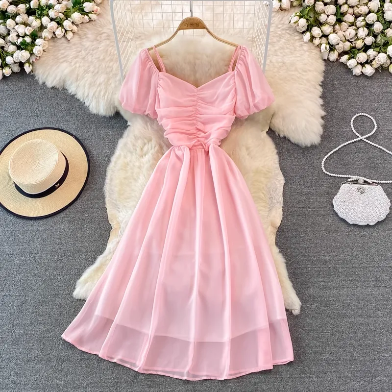 Summer V Neck Short Sleeved Dress Women  Mid Length A Line Retro Skirt 1409
