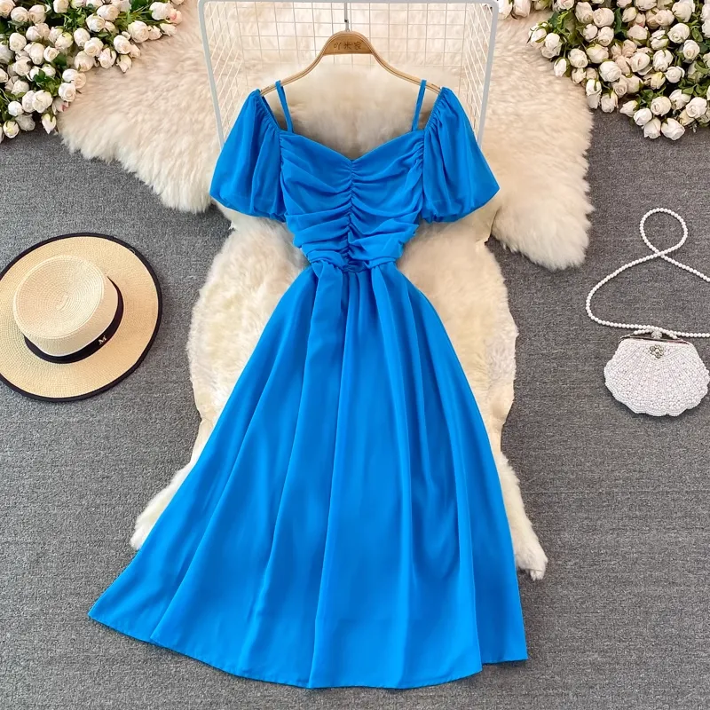 Summer V Neck Short Sleeved Dress Women  Mid Length A Line Retro Skirt 1409