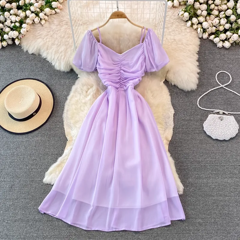Summer V Neck Short Sleeved Dress Women  Mid Length A Line Retro Skirt 1409