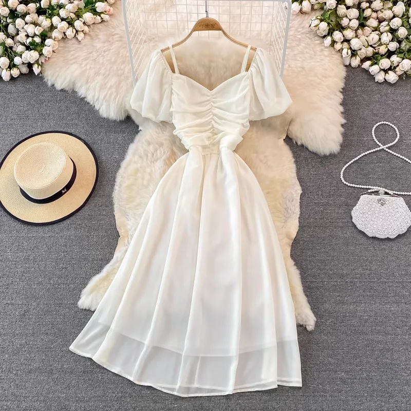 Summer V Neck Short Sleeved Dress Women  Mid Length A Line Retro Skirt 1409
